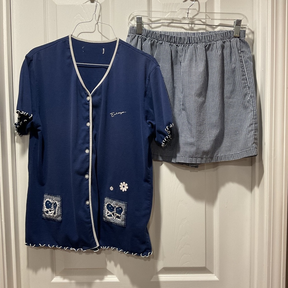 Navy Pajama Set with Checkered Shorts